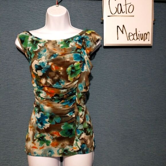 Cato ruched ruffle floral sleeveless blouse medium - Picture 1 of 4